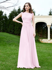 Robe Appliquée de A-ligne en Mousseline et Dentelle Rose Pâle