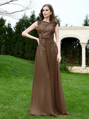 Robe Appliquée de A-ligne en Mousseline et Dentelle Brun Grande Taille