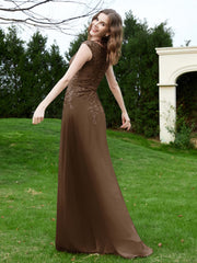 Robe Appliquée de A-ligne en Mousseline et Dentelle Brun Grande Taille