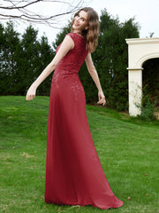 Robe Appliquée de A-ligne en Mousseline et Dentelle Bordeaux