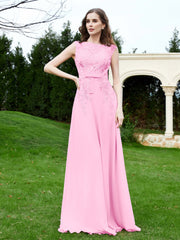 Robe Appliquée de A-ligne en Mousseline et Dentelle Rose Bonbon