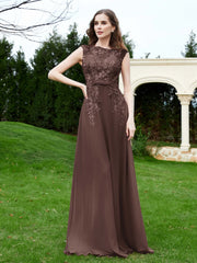Robe Appliquée de A-ligne en Mousseline et Dentelle Chocolat