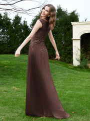 Robe Appliquée de A-ligne en Mousseline et Dentelle Chocolat Grande Taille
