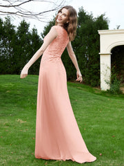Robe Appliquée de A-ligne en Mousseline et Dentelle Corail