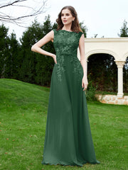 Robe Appliquée de A-ligne en Mousseline et Dentelle Vert Foncé Grande Taille