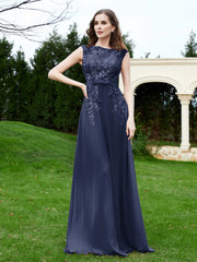 Robe Appliquée de A-ligne en Mousseline et Dentelle Bleu Marine