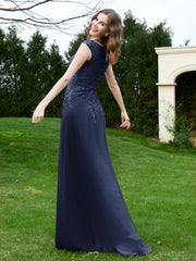 Robe Appliquée de A-ligne en Mousseline et Dentelle Bleu Marine