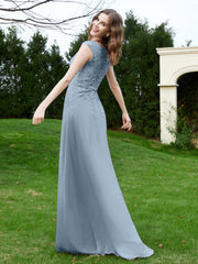Robe Appliquée de A-ligne en Mousseline et Dentelle Bleu Poudré