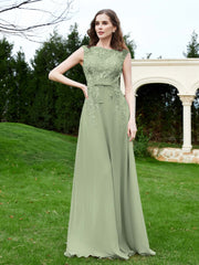 Robe Appliquée de A-ligne en Mousseline et Dentelle Sauge Poudrée Grande Taille