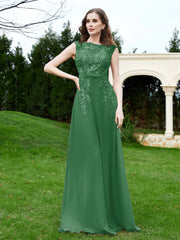 Robe Appliquée de A-ligne en Mousseline et Dentelle Emeraude