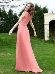 Robe Appliquée de A-ligne en Mousseline et Dentelle Flamant