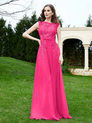 Robe Appliquée de A-ligne en Mousseline et Dentelle Fuchsia Grande Taille