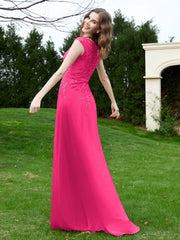 Robe Appliquée de A-ligne en Mousseline et Dentelle Fuchsia