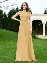 Robe Appliquée de A-ligne en Mousseline et Dentelle Or