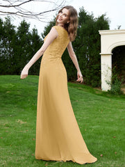 Robe Appliquée de A-ligne en Mousseline et Dentelle Or Grande Taille
