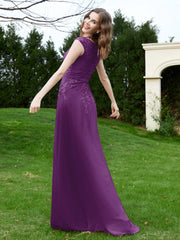 Robe Appliquée de A-ligne en Mousseline et Dentelle Raisin