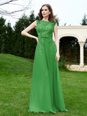 Robe Appliquée de A-ligne en Mousseline et Dentelle Vert Grande Taille