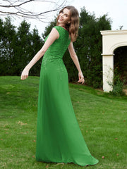 Robe Appliquée de A-ligne en Mousseline et Dentelle Vert