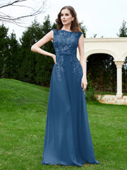Robe Appliquée de A-ligne en Mousseline et Dentelle Bleu Encre