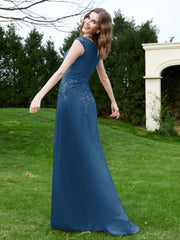 Robe Appliquée de A-ligne en Mousseline et Dentelle Bleu Encre