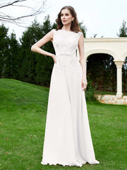 Robe Appliquée de A-ligne en Mousseline et Dentelle Ivoire