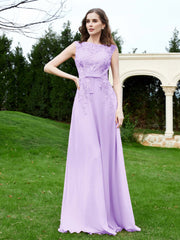 Robe Appliquée de A-ligne en Mousseline et Dentelle Lilas
