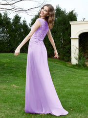 Robe Appliquée de A-ligne en Mousseline et Dentelle Lilas