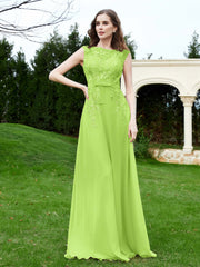 Robe Appliquée de A-ligne en Mousseline et Dentelle Vert Citron Grande Taille
