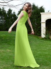 Robe Appliquée de A-ligne en Mousseline et Dentelle Vert Citron
