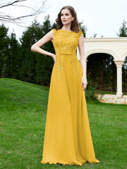 Robe Appliquée de A-ligne en Mousseline et Dentelle Souci