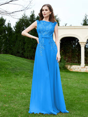 Robe Appliquée de A-ligne en Mousseline et Dentelle Bleu Océan
