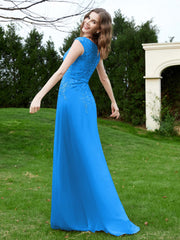 Robe Appliquée de A-ligne en Mousseline et Dentelle Bleu Océan