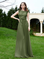 Robe Appliquée de A-ligne en Mousseline et Dentelle Olive Verte