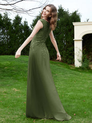 Robe Appliquée de A-ligne en Mousseline et Dentelle Olive Verte