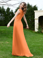 Robe Appliquée de A-ligne en Mousseline et Dentelle Orange Grande Taille
