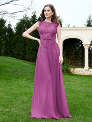 Robe Appliquée de A-ligne en Mousseline et Dentelle Orchidee