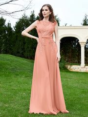 Robe Appliquée de A-ligne en Mousseline et Dentelle Papaye