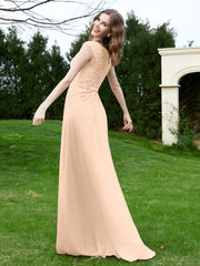Robe Appliquée de A-ligne en Mousseline et Dentelle Pêche Grande Taille