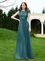 Robe Appliquée de A-ligne en Mousseline et Dentelle Paon