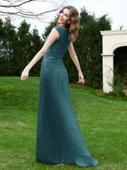 Robe Appliquée de A-ligne en Mousseline et Dentelle Paon