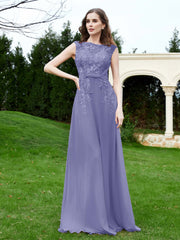 Robe Appliquée de A-ligne en Mousseline et Dentelle Pervenche Grande Taille