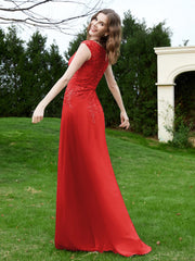 Robe Appliquée de A-ligne en Mousseline et Dentelle Rouge