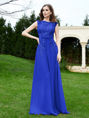 Robe Appliquée de A-ligne en Mousseline et Dentelle Bleu Royale
