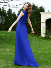 Robe Appliquée de A-ligne en Mousseline et Dentelle Bleu Royale