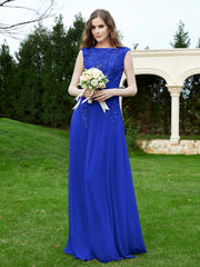 Robe Appliquée de A-ligne en Mousseline et Dentelle Bleu Royale