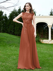 Robe Appliquée de A-ligne en Mousseline et Dentelle Rouille