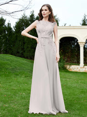 Robe Appliquée de A-ligne en Mousseline et Dentelle Argent