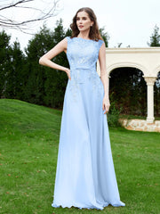 Robe Appliquée de A-ligne en Mousseline et Dentelle Bleu Ciel Grande Taille