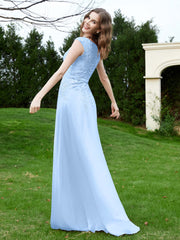 Robe Appliquée de A-ligne en Mousseline et Dentelle Bleu Ciel
