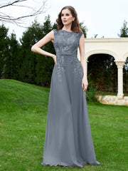 Robe Appliquée de A-ligne en Mousseline et Dentelle Bleu de Schiste Grande Taille